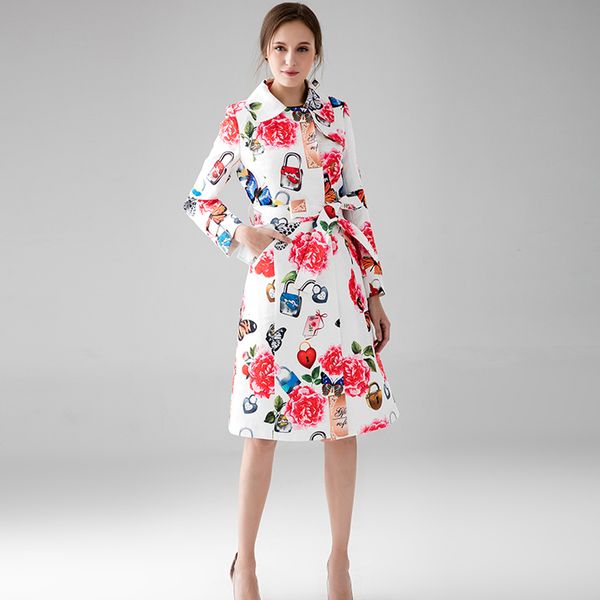 

high street ladies fashion trench 2019 early autumn rose & butterfly jacquard belt double breasted pink long slim coat, Tan;black