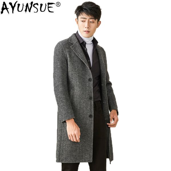 

ayunsue long wool coat men autumn winter woolen coat male jacket overcoat mens coats and jackets abrigo hombre 2018 kj1319, Black