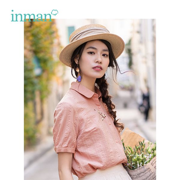 

inman 2019 summer new arrival turn down collar literary embroidery retro all matched casual slim short sleeve women shirt, White