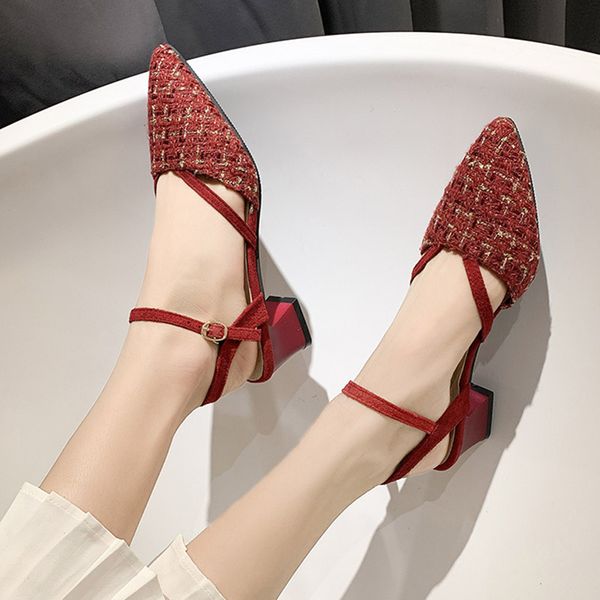 

2020 summer women sandals pointed toe dress shoes plaid pumps woman office shoes buckle strap high heels sandalias mujer 8053l, Black