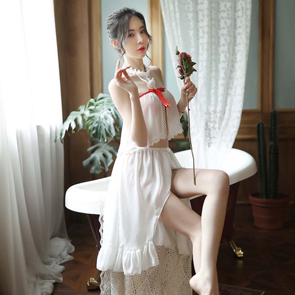 

japanese night homewear female cute kawaii chiffon halter side split perspective nightdress two-piece pajamas for women, Black;red