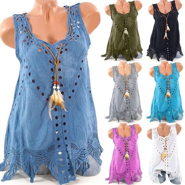 

women plus size tank u neck embroidery hollow out sleeveless summer ropa de verano mujer 2020 dos nu femme ete roupas, White