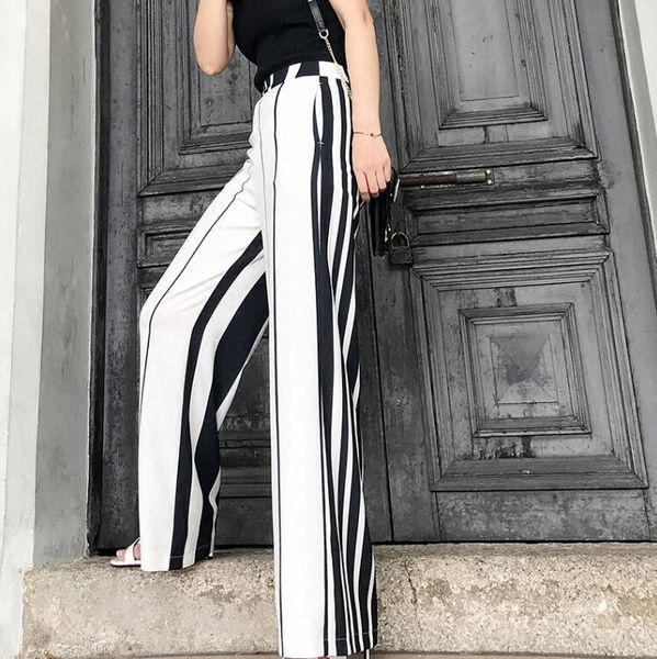 

spring summer women's casual loose white black stripe chiffon pants female high waist wide leg loose pants tb999, Black;white