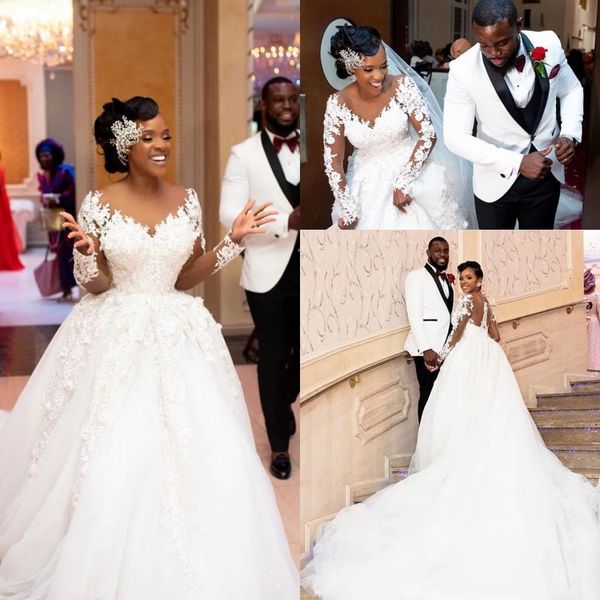 I più nuovi abiti da sposa arabi a maniche lunghe con abito da ballo Plus Size Sheer girocollo lungo cappella treno abiti da sposa abiti africani AL3311