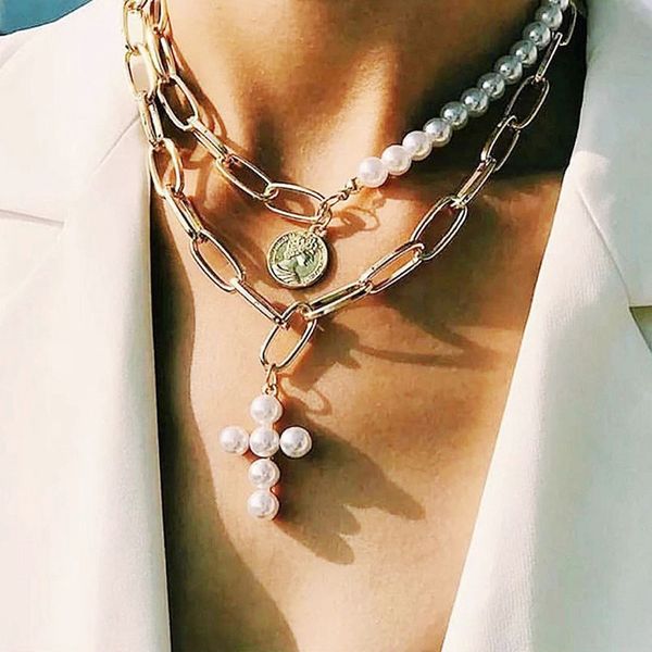 

punk multilayered imitation pearl choker necklace collar statement portrait coin pearl cross pendant necklace boho women jewelry, Silver