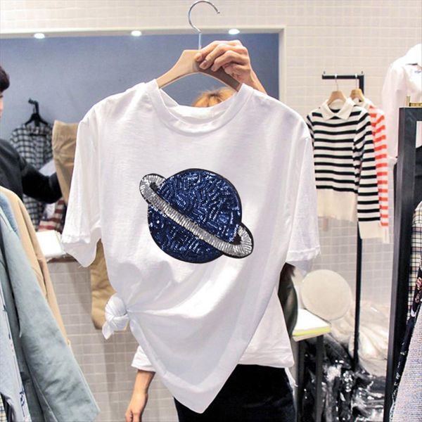 

white t-shirt women's short-sleeved summer clothes 2020 big big cotton loose large size cotton planet embroidery fashion