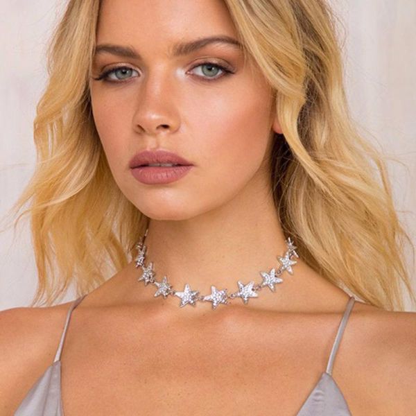 

women necklace five-pointed star charm rhinestone necklace silver chain women jewelry necklaces for jewelry accessories