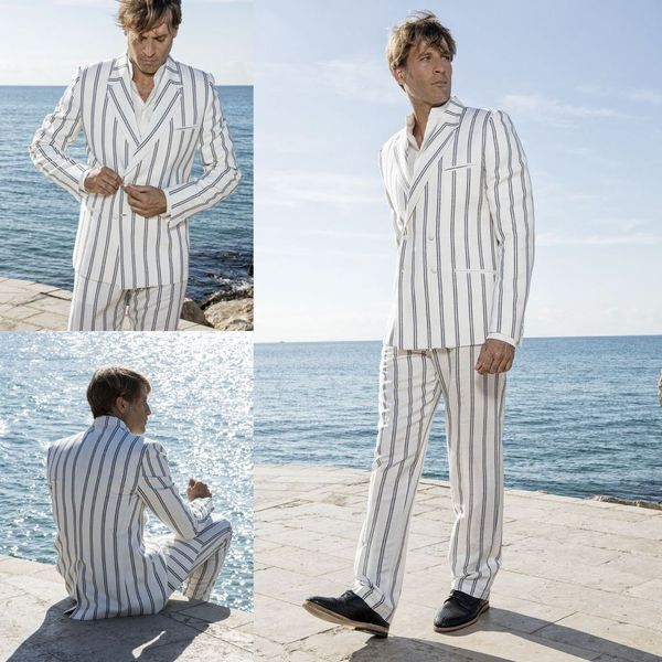 Erkek takım elbise Özelleştirilmiş 2020 Yakışıklı Pinstripe Damat Takım Elbise Plaj Düğün Suit Slim Fit 2 adet Damat smokin İyi Adam Ceket Pantolon