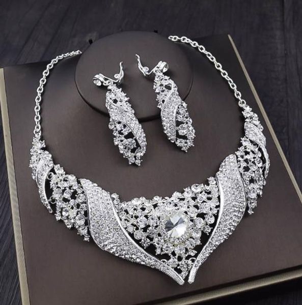 

luxury beaded rhinestone bridal tiara necklace earrings jewelry 2 sets crystal wedding accessories for wedding evening party, White