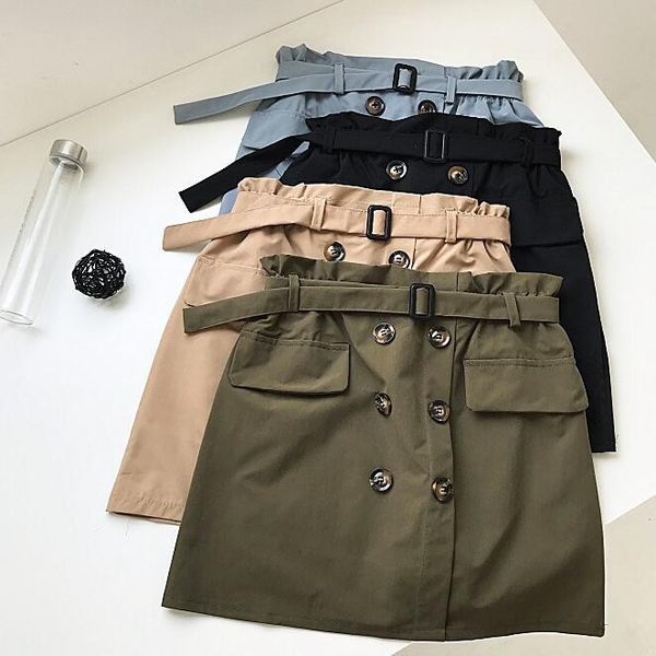 

faldas mujer moda 2019 summer high waist mini skirt elegant belted buttons decor cotton short skirt jupe femme army green khaki, Black