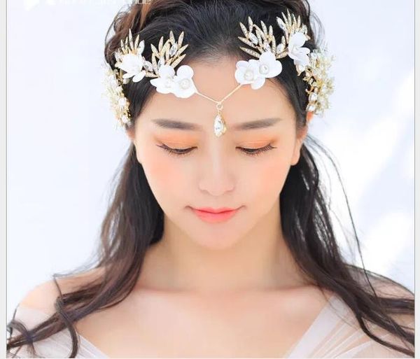 

bride headdress silk handmade frontal decoration white diamond wedding dress accessories crown hairdress, Slivery;golden
