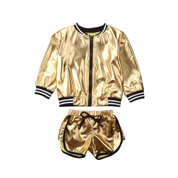 

brand baby girls toddler kids clothes outfit gold jacket+pants leggings shorts set tracksuit gilding bling soft clothes, White
