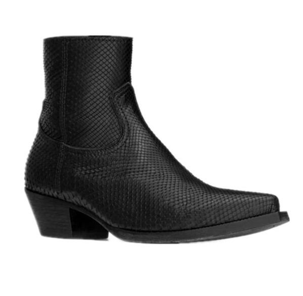 Neue spitze Zehen-Schlangenhaut-Maserung, schwarze Herren-Lederstiefel, Biker-Motorradstiefel, echtes Leder, modische Cowboy-Schuhe