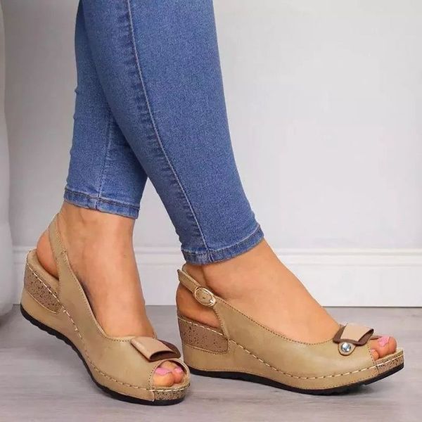 

sandals women summer 2021 wedges heel platform back strap buckle peep toe casual beach female ladies shoes zapatos de mujer, Black