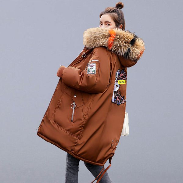 

winter warm thicken long jackets casual coats women new embroidery fur hooded parkas female cotton padded outerwear coats, Black