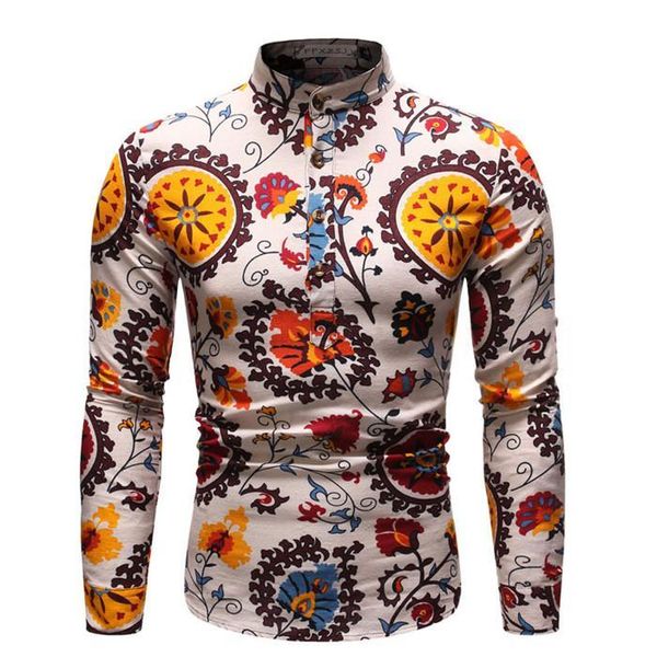 

casual shirts long sleeve floral print turn down collar homme clothing fashion style casual apparel mens spring designer, White;black