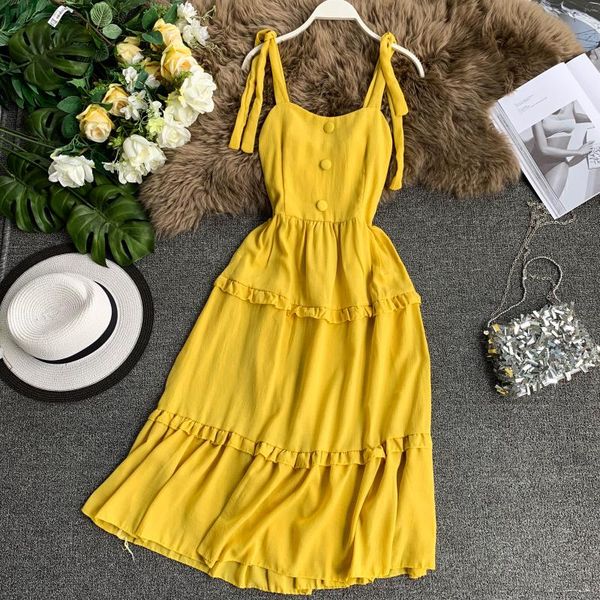 

women beach dress new 2020 summer spaghetti strap bandage midi dresses ladies korean a line long robe vestidos mujer, Black;gray