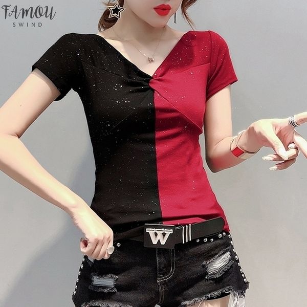 

2020 summer shiny clothes patchwork v neck drape t shirt women cotton short sleeve ropa mujer bottoming shirt tees t02412, White