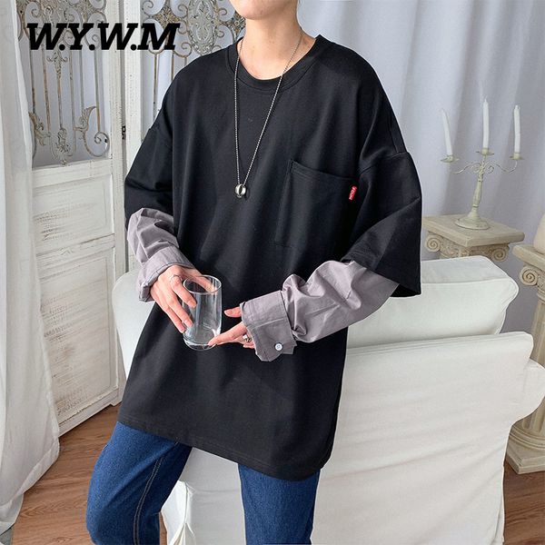

wywm 2020 корейская весна новый поддельные две пьесы для сращивания футболки негабаритные мужчины твердые карманный одежда с длинным рукавом, White;black