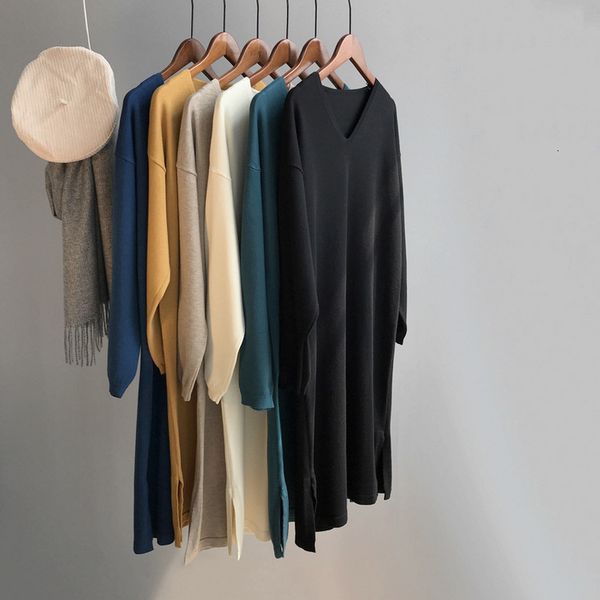 

mooirue autumn 2019 female casual sweater dress v neck knitting lazy long slim outwear feminine blue white pullover, White;black