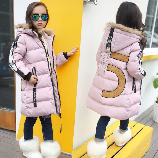 

2019 girls winter new cotton jackets girls fashion fur collar letters coats girl thickening hooded warm jacket kids clothes y191024, Blue;gray