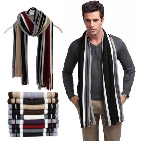 

elegant winter designer scarf men striped cotton scarf 180cm shawl wrap knit cashmere bufandas striped scarf with tassels, Blue;gray