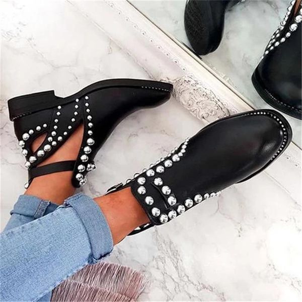 

women's rivet boots british style pointed toe buckle low heel ladies ankle boots party wedding female short boot, Black