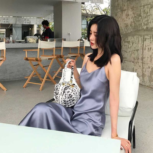 

summer women backless ice silk smooth strap casual solid color sleeveless beach party club dress, Black;gray