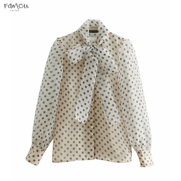 

Sweet Women Polka Dots Printing Casual Organza Blouses Tied Women Long Sleeve Bow Shirt Smock Blusas Femininas Chemise