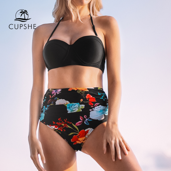 

cupshe black and floral high-waisted halter bikini sets women lace up swimsuit two pieces swimwear 2019 beach bathing suits