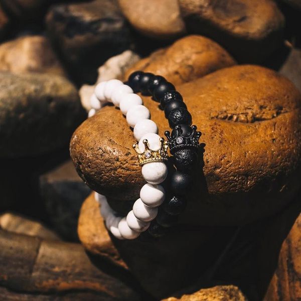

beaded crown bracelet set natural stone beads men jewellery couple bracelets for women jewelry handmade pulseras hombre braclet, Black