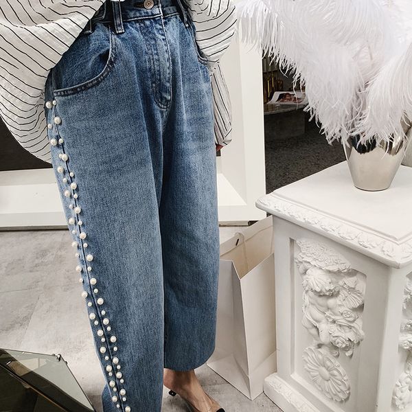 

spring women 2019 new fashion pearl beading jeans high waist women loose lantern pants, Blue