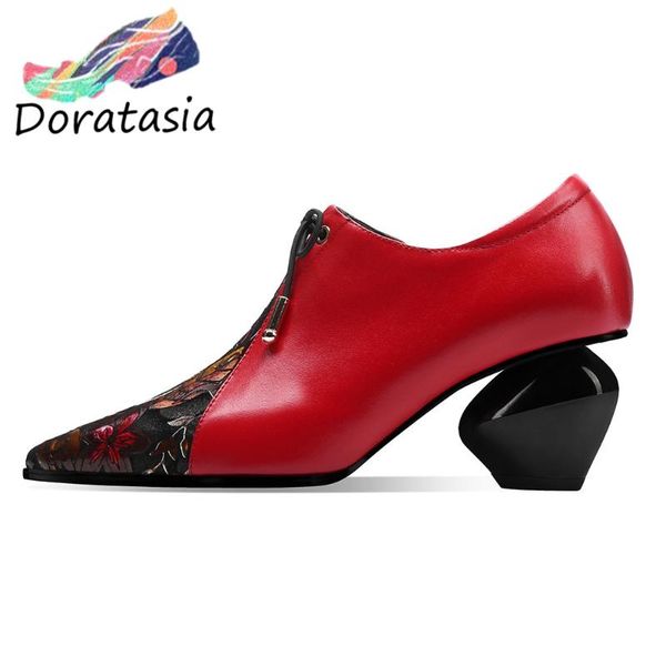 

doratasia fashion girl genuine leather flower pattern high heel pumps pointed toe lace up pumps women casual shoes woman, Black
