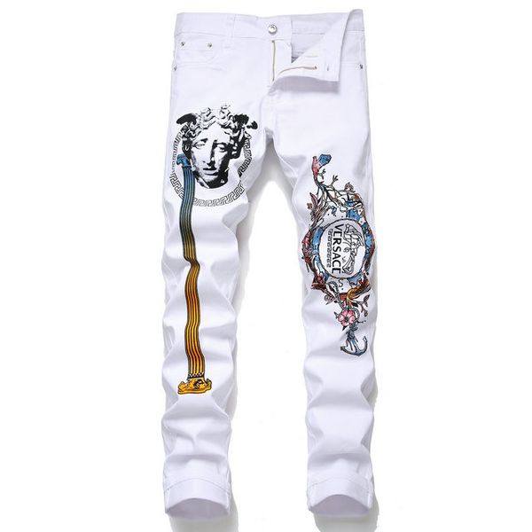 

european american mens designer jeans fashion streetwear mens superme jeans mens skinny jeans fit destroyed ripped pants, Blue