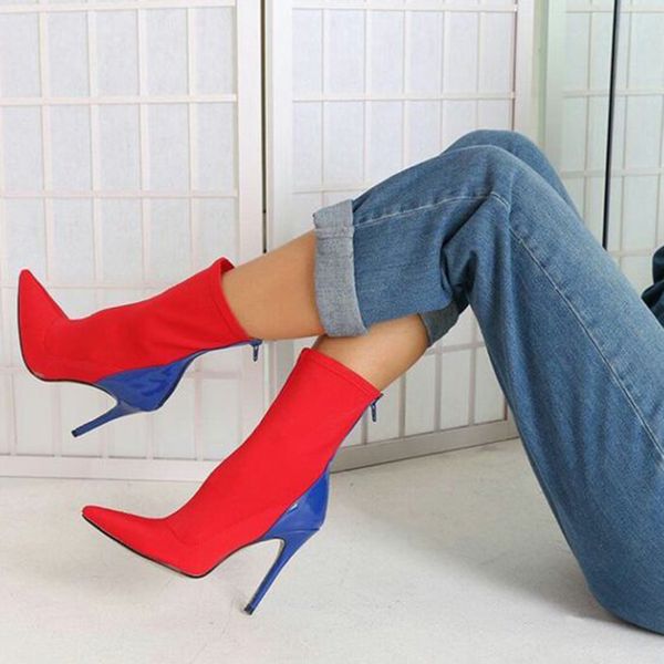 

2019 fashion luxury women 11.5cm high heels fetish silk sock boots stretch heels blue ankle boots scarpins prom spring red shoes, Black