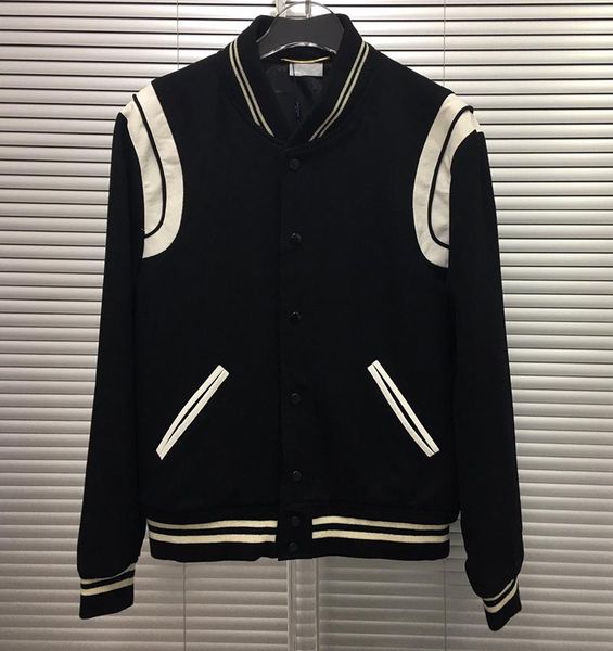 

autumn winter europe france paris fashion luxury classic leather patchwork woolen coat baseball uniform jacket pefect details, Black;brown