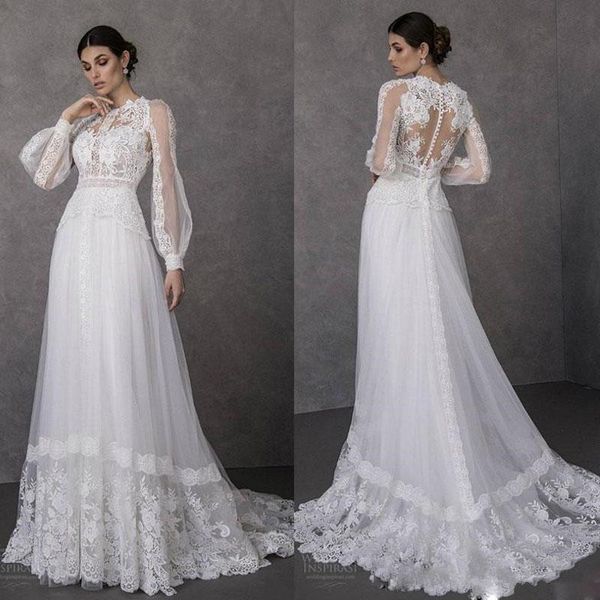 Abito lungo con maniche bohémien in pizzo applicato Abiti da sposa da spiaggia all'aperto Una linea Abiti da sposa country Abiti da sposa es