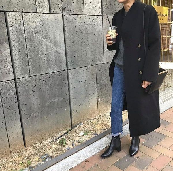 

elfstyle] - grey black wool blend trench coat drop shoulder long sleeves front double -breasted buttons side pockets