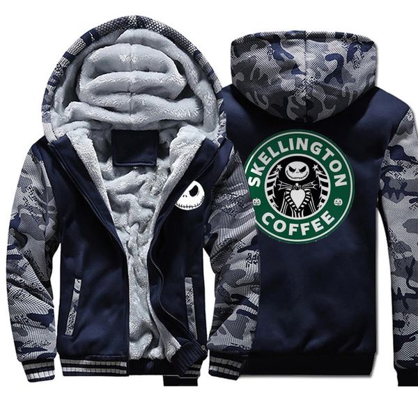 

skellington coffee male camo coat jack brand warm tracksuit winter casual hooded jackets night mare fleece thick men's outwear, Black