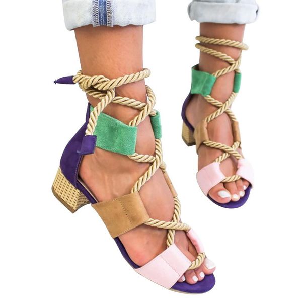 

summer chunky heel sandals fashion rope cross-tied leather patchwork casual beach shoes lady sandalias size 35-43, Black