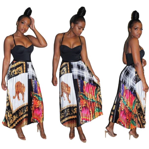 

2019 new women fa hion leopard print high ela ticity pleated kirt lady ca ual a line mid calf kirt 2xl