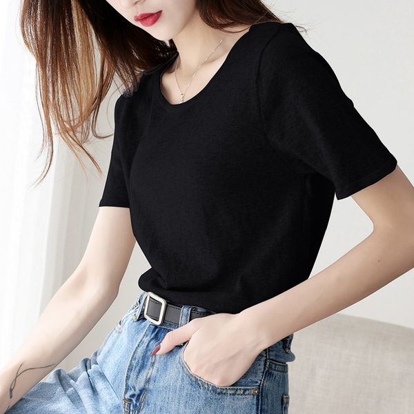 

чисто женский тонкий короткий рукав 2020 сплошной цвета база трикотажного черная белой белой футболка половина рукав футболка, White