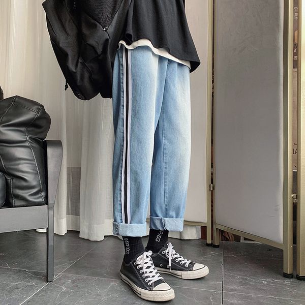 

men's jeans 2021 spring and autumn youth mid-rise fashion casual striped straight pants black / sky blue s-2xl