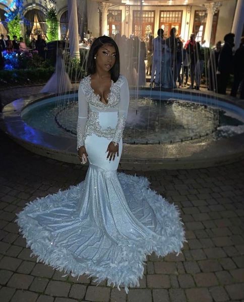

white with sliver applique mermaid prom dresses new v neck lace applique feather long sleeve formal evening dress party gowns, Black