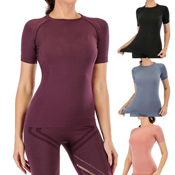 

2020 summer quick dry yoga shirt fashion womens hollow out tight casual o-neck sports short sleeve sports shirt, White;red