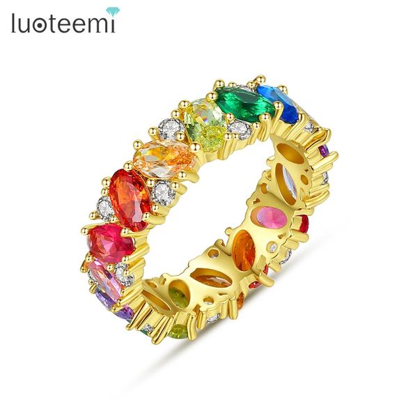 

luoteemi handmade colorful rainbow trapezoid stone wedding engagement rings for women fashion jewelry eternity anel femme gifts, Golden;silver