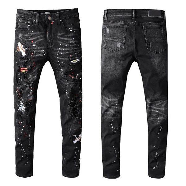 

Amiri men jean rock revival hole denim trou er embroidery painted traight pant fa hion trend motorcycle pant ca ual wild hip hop pant, Blue