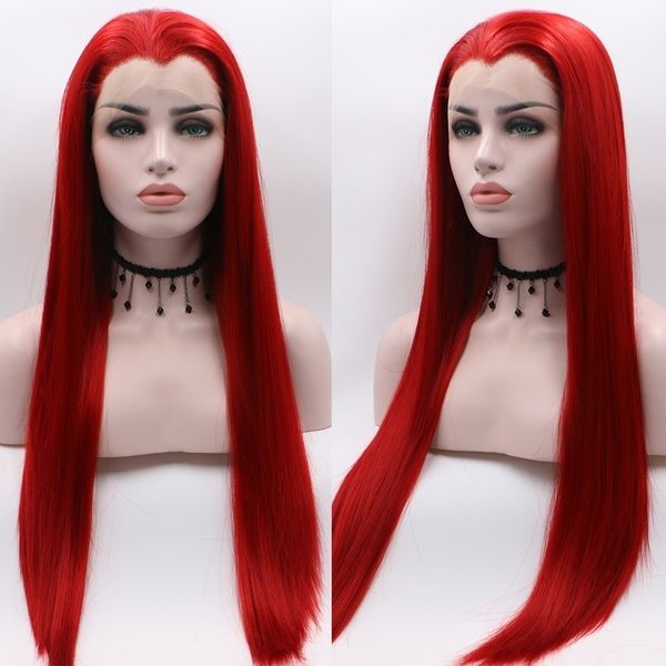 Natural Hairline Heat Resistant Straight Long Red Cosplay Wig Half