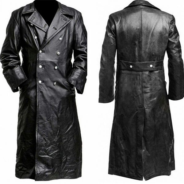 

mjartoria 2019 button closure leather jacket long length trench coat lapel collar officer black leather trench coat, Black;brown