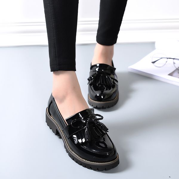 

teahoo tassel bow oxford shoes for women round toe patent leather women flats casual soft slip on shoes woman plus size 9  11, Black